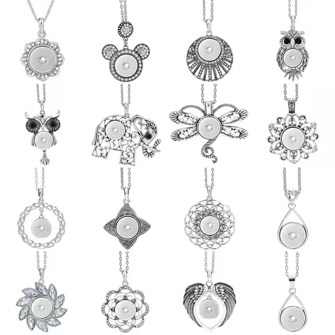 New Snap Button Jewelry Necklaces Vintage Metal Dragonfly Elephant Wing Owl 18mm Snap Button Pendant