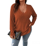 Plus Size 1XL-5XL Women's Casual Solid Ribbed V Neck T-shirt Ladies Fashion Long Sleeve T-shirt Wome