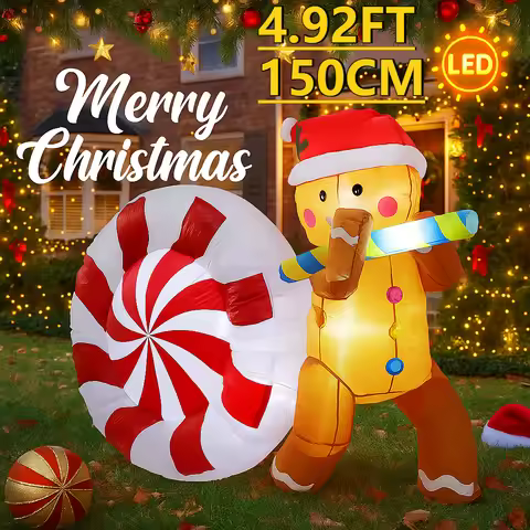 4.92FT Christmas Inflatable Toys LED Gingerbread Man Giant Candy Supplies Home Decor Ornament Festiv