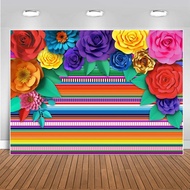 Mexican Theme Party Striped Backdrop Fiesta Cinco De Mayo Paper Flowers Background Party Decoration 