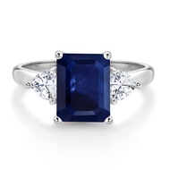 10K White Gold Blue Sapphire and White Moissanite 3 Stone Engagement Ring For Women (2.91 Cttw, Octa
