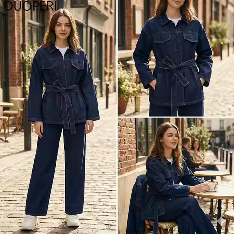 Women's Denim 2 Piece Set Belted Jean Jacket and High Waist Wide Leg Pants Streetwear Dark Blue Casu