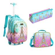 3 in 1 school kids schoolbag with wheels for teenager girls rucksack sequin tower 2-4-6 grade primary school students travel trolley bag