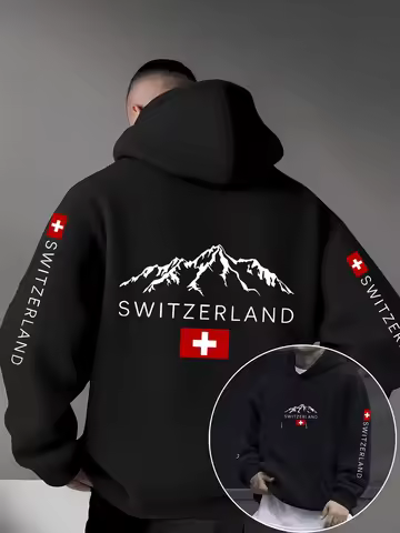 Daily Relaxation Feeling Men's Hoodie with Swiss Mountain Peak Flag Print - Simple Texture Casual Ho
