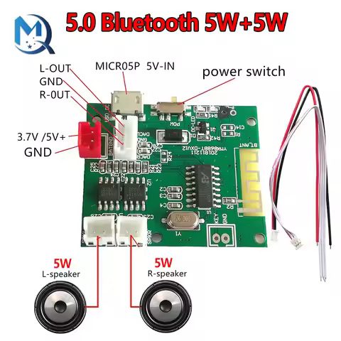 Mini 5.0 Bluetooth Stereo 5V 5W*2 Rechargeable Audio Amplifier Bt10w Loudspeakers PCBA Module DC3.7V