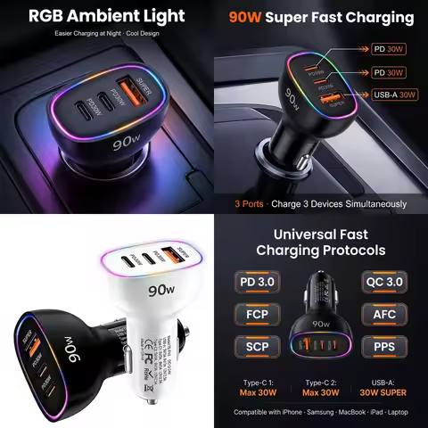 90W USB C Car Charger Fast Charging Multi Port Dual PD 30W Type C USB A 30W Power Adapter for Laptop