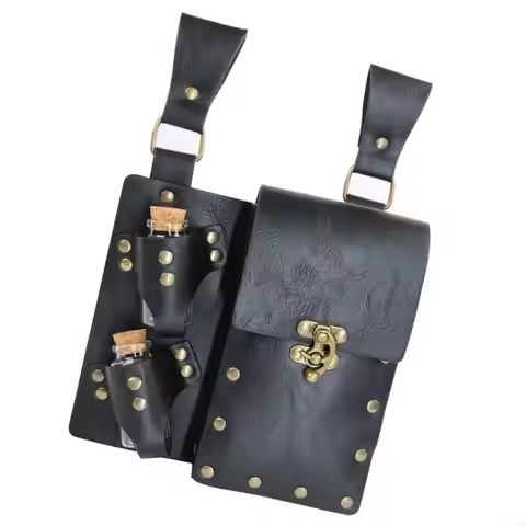 68UA Medieval Leather Side Pack with 2 Cork Potion Vials Wizard Waist Bag for Cosplay