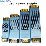 Manviv หม้อแปลงไฟฟ้า60W 100W 150W 200W ไฟ LED 12V 24vultra บางไดรเวอร์ตัวแปลง AC110-250V สำหรับแถบไฟ