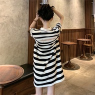 【Polo Dress Oversized】(150kg Could Wear) Short Sleeves Plus Size Striped Mini Dress Backless Korean Fashion Loose T-shirt Dress
