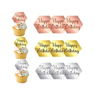 9 Pieces Happy Birthday Gold Mirror Acrylic Cupcake Toppers - Circle & Hexagon Engraved Shapes, DIY 