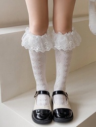 1對夏季女童膝上愛心蕾絲襪子,白色蕾絲邊網眼公主襪適用於兒童