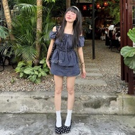 (PB.HAVANA) Set áo PAMI babydoll kèm chân váy chữ A họa tiết kẻ sọc SAT372