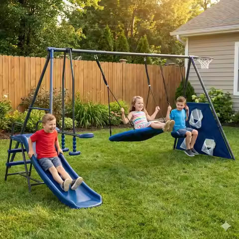 Swing Set for Kids, 6 in 1 Basketball Hoop amp Football net, Seesaw amp 3.28ft Slide Durable Steel F