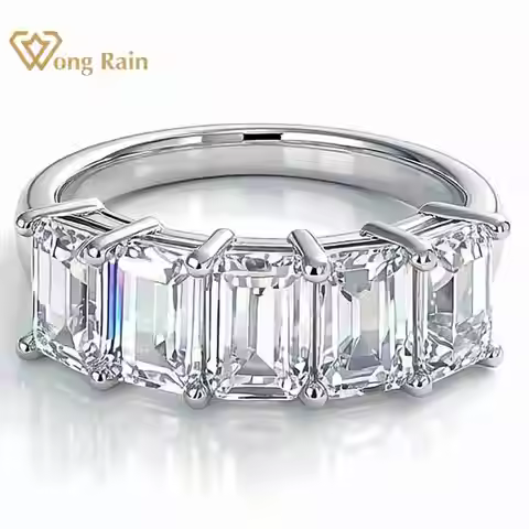 Wong Rain 925 Sterling Silver 4 CT Emerald Cut D Color Real GRA Moissanite Diamond Wedding Band Enga