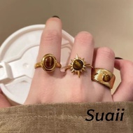 【Suaii】Gold-colored Sunflower and Snake-shaped Tiger's Eye Stone Rings Adjustable 金色虎眼石太阳花戒指 A301