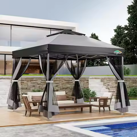 10x10 Pop Up Gazebo Canopy Tent with Mosquito Netting Vented Roof Metal Frame Easy Setup for Backyar