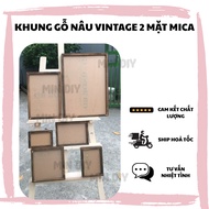 Brown wooden photo frame, 2-sided vintage handmade decorative photo frame