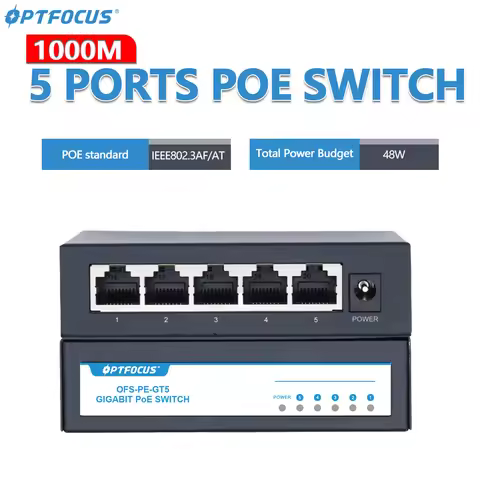 OPTFOCUS 1000M GIGABIT POE Switch 5 Ports PoE 48V 15W 30W 802.3af 802.3at Ethernet hub splitter Acti