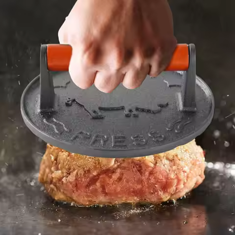 Iron Burger Press Heavy-Duty Patty Maker Wooden Handle Round Burger Smasher 7.09 in Anti Scald for O