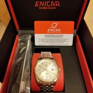 英納格ENICAR瑞士原裝手錶白盤鋼錶鍊雙日曆顯示自動機械男錶