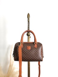 【VintageShop solo 日本直送中古包專賣店】CELINE 經典馬車 logo 拼接帆布 復古波士頓包 側背包 棕色