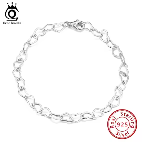 ORSA JEWELS 925 Sterling Silver Elegant Heart Link Chain Bracelet For Women Girl 6.5/7/7.5/8 Inch OL