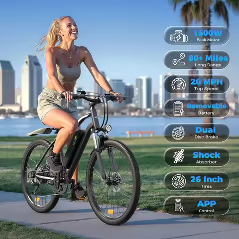 750W 1000W Peak Electric Bicycle 26 Inch Adult Commuter E Bike 60 Miles Range 20MPH 5 Speed Removabl