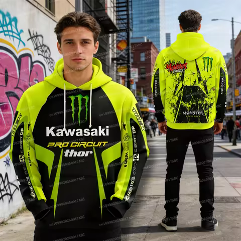（Kawasaki ）Men Hoodie Y2K Kawasaki Hoodie Sportswear High Quality Men's Skeleton Hoodie Street Motor