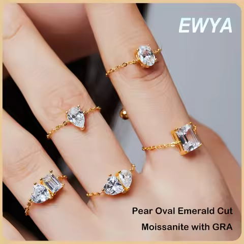 EWYA 1CT Oval Emerald Round Cut Solitaire Moissanite Link Chain Ring Adjustable 0.8CT Pear Diamond B