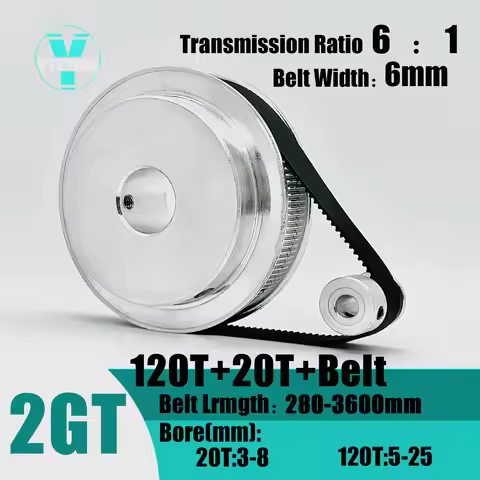 2GT 2M 120Teeth 20T GT2 20Teeth 120T Timing Belt Pulley Set Belt Width 6mm Bore 3~25mm 6:1 Wheel Syn