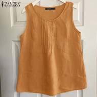 ZANZEA Women Summer Solid Pleated Design Sleeveless Camisoles O Neck A-Line Retro Tank Top #0805