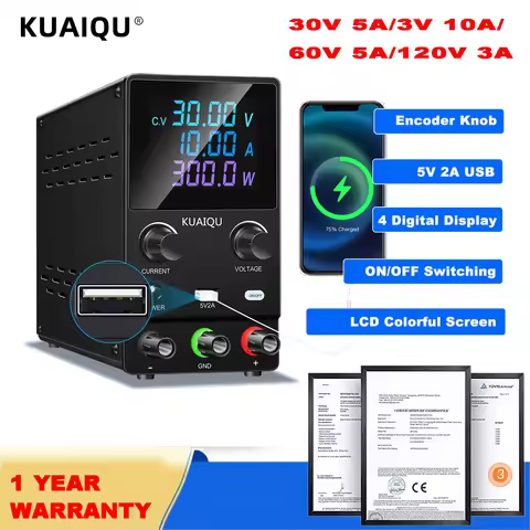 KUAIQU DC Lab Power Supply 30V 10A/60V 5A/120V 3A Adjustable Switching Power Supply 5V 2A USB Chargi