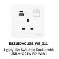 Schneider Electric AvatarOn 1 Gang 13A Switched Socket with USB A+C 21W PD Fast Charging BS1363 SIRI