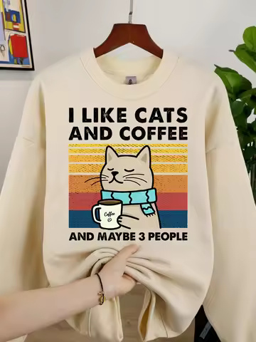 I Like Cats Coffee And Maybe 3 People Men Clothes Soft Loose O-Neck Sweatshirt Fashion Fleece Pullov