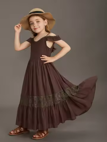 New Summer Strap Ruffle Girls Solid Color Slip Floor Long Dress Baby Kids Evening Party Dress Clotin