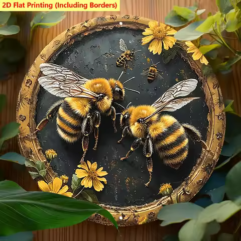 1pc Round Wooden Sign 2D Flat Printed Bee & Honeycomb Decorative Plates Entrance Decor For Bar Club 
