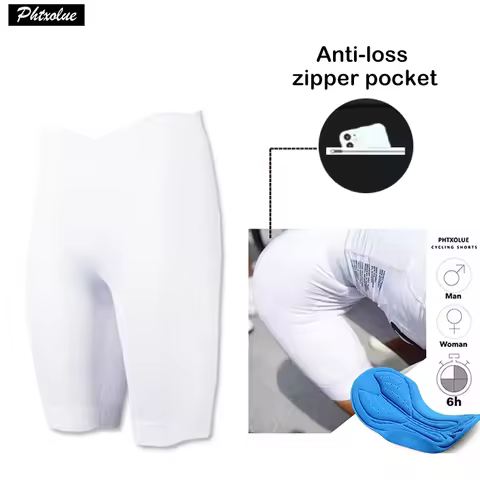 Phtxolue Men Women Cycling Shorts Anti-Loss Zipper Pocket 6H 500KM Ride MTB Pro Bike Shorts White Bl