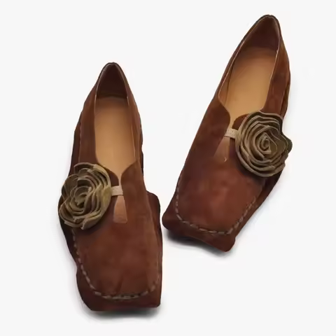 Car Stitch Flat Shoes Women's Spring and Autumn New Retro Niche Flower Square Toe Deep Mouth Soft So