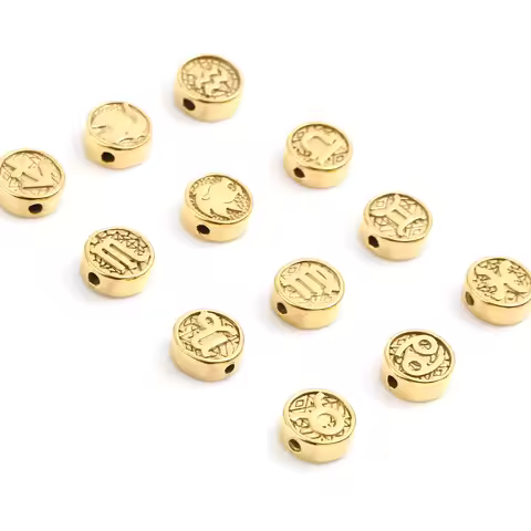 1PC Stainless Steel Beads Flat Round Gold Color Aries Sign Of Zodiac Constellations 10mm Dia., Hole: