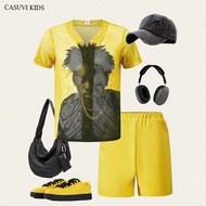 2pcs/Set Teenage Boys Mesh Fabric Sports AI Portrait Graphic Tshirt And Shorts Set