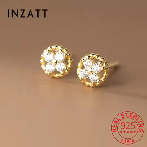 INZATT Real 925 Sterling Silver Zircon CZ Hollow Round Four Petal Flower Stud Earrings for Women Cla