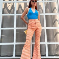 Aprilpoolday / 完美合身喇叭褲牛仔褲 / 橙色格子佈