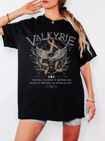 Women's ACOTAR Valkyrie T-Shirt 180g Heavyweight Fantasy Book Tee with Valkyrie Wings Rune Design Ne