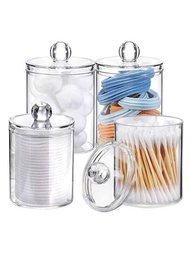 4入組10安士棉花棒盒,浴室用品收納容器塑料瓶帶蓋,適用於棉花棒、牙籤、牙線,黑色