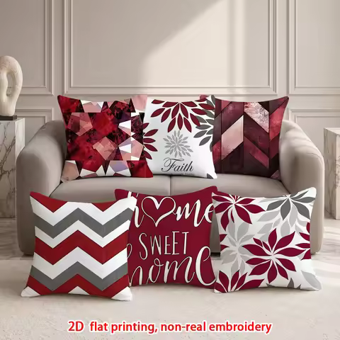 1pc Burgundy Geometric Floral Throw Pillow Covers, Home Sweet Home Decorative Cushion Cases for Sofa