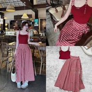 DX Red Checkered Women's Outfit Set Includes 2-Piece Top and Long Skirt - Vintage Muse Skirt Set Ext