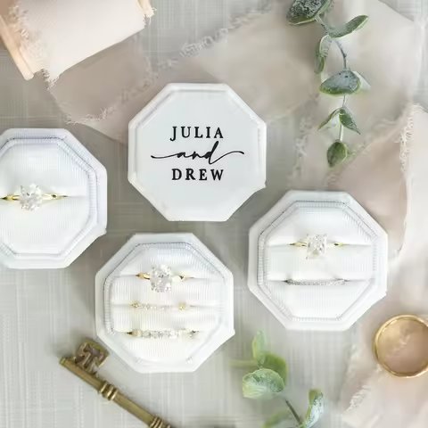 Personlized Wedding Velvet Ring Box Engagement Triple Slot Octagon Ring Box Modern Wedding Decoratio