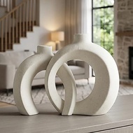 7.2″Hx8.9″H Donut Shape Decorative Vase Set of 2, Ceramic, Modern Minimalism Styles, Flowers or Plan