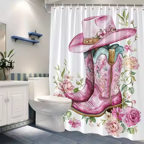 1pc Pink Cowboy Boots & Floral Embroidery Shower Curtain - Romantic Country Style, Lush Watercolor F