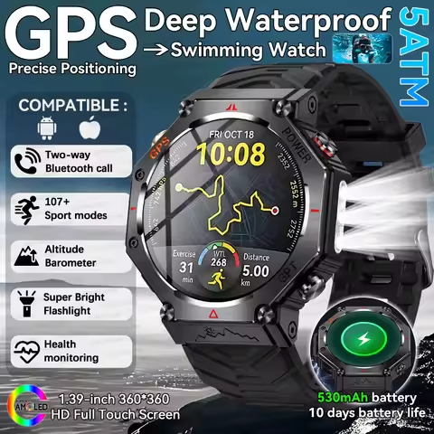 2025 New For GPS Swim Men Sport SmartWatch Built in Dual Band GPS 5ATM Compass Altimeter Call 530mAh